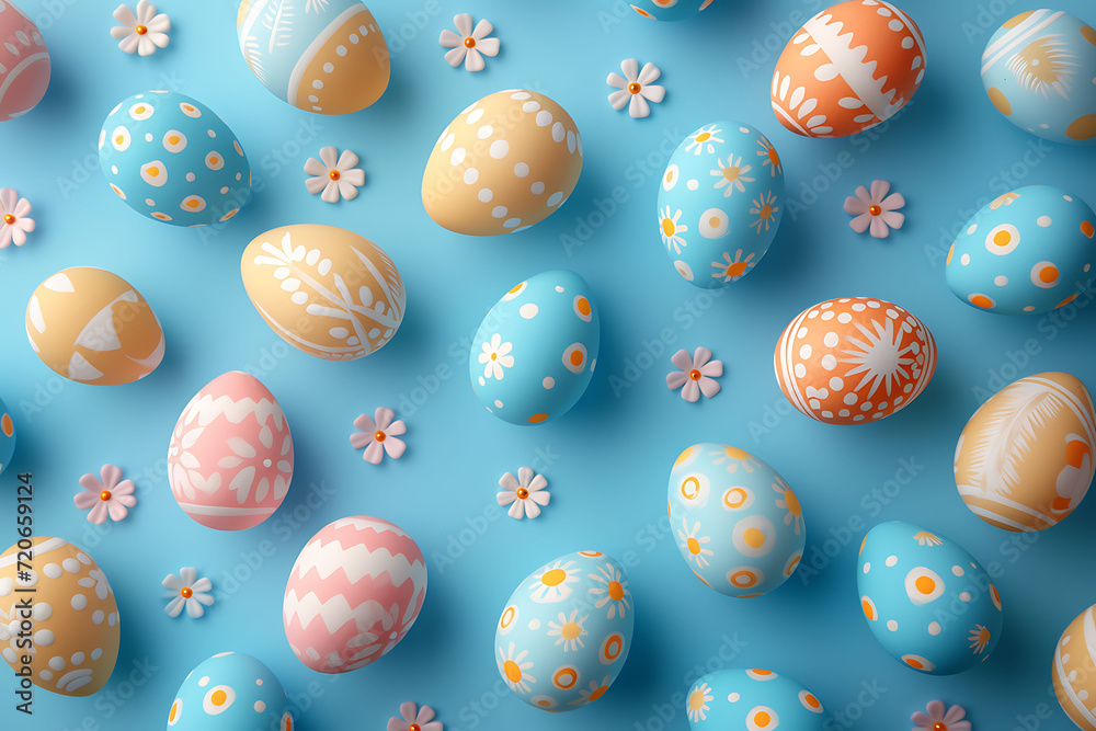 colorful cute 3D Easter eggs in blue empty background, message, wishes, greetings, minimalist, cute, flowers, backdrop, Easter bunny, gifts colorful cute 3D Easter eggs in blue empty background, message, wishes, greetings, minimalist, cute, flowers, backdrop, Easter bunny, gifts