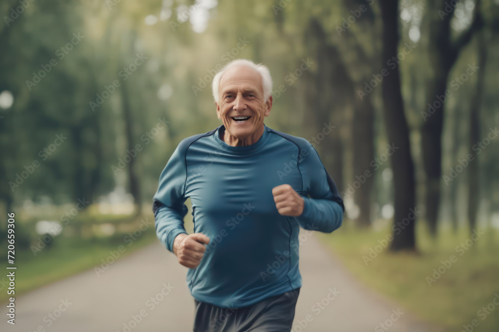 Obraz premium Happy elderly man jogging in the park. Active lifestyle in old age. AI generated.