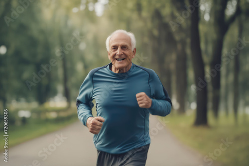 Happy elderly man jogging in the park. Active lifestyle in old age. AI generated.