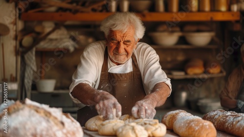 An old baker bakes bread in his small cozy Italian style bakery.