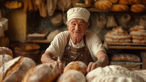 An old baker bakes bread in his small cozy Italian style bakery.