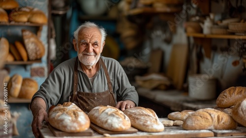 An old baker bakes bread in his small cozy Italian style bakery.