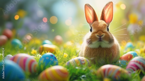 A delightful bunny surrounded by brightly colored Easter eggs on a vibrant spring lawn, perfectly capturing the essence of Easter joy.