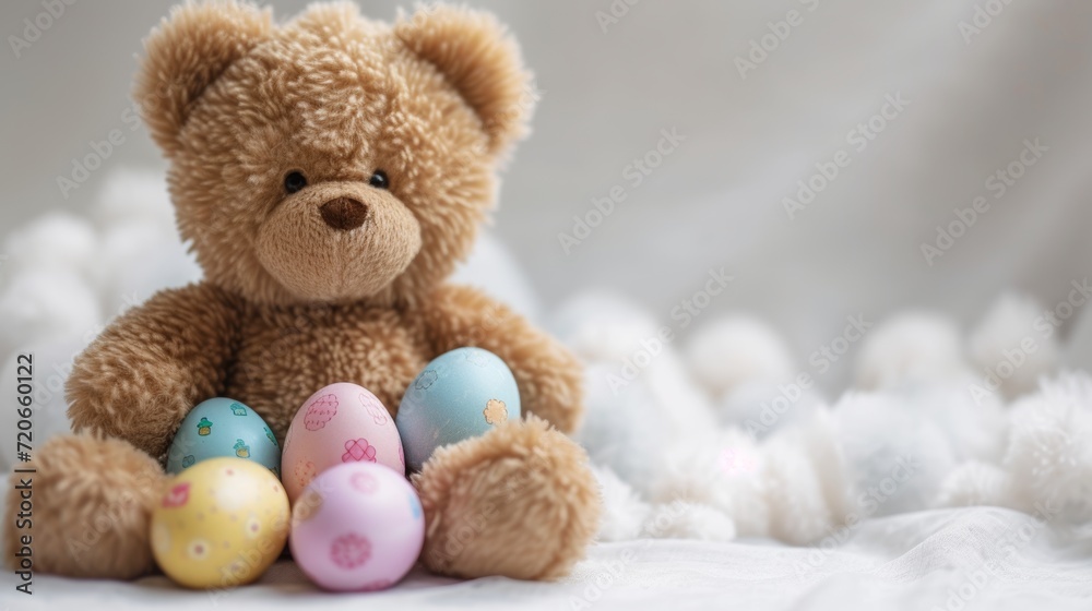 A cuddly teddy bear surrounded by Easter eggs nestled in a soft, dreamy bed of clouds, symbolizing a cozy and imaginative Easter holiday scene.