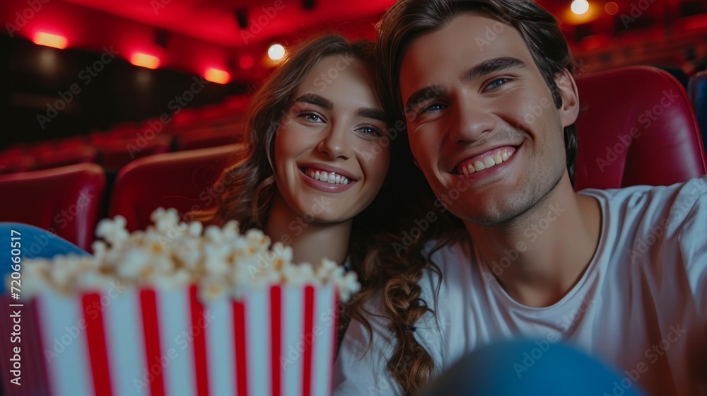 Beautiful young couple sitting in a cinema with a big bucket of popcorn