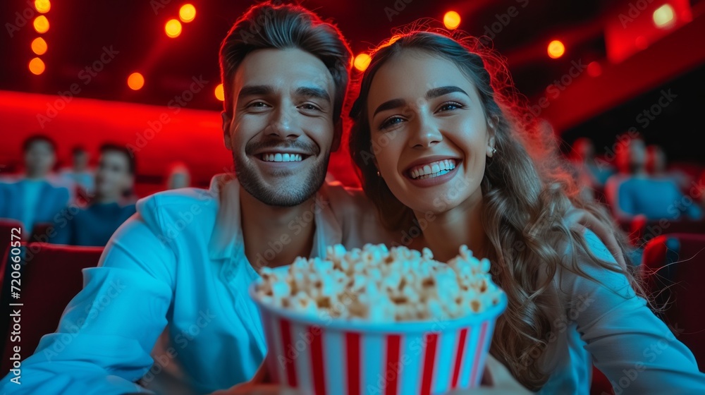 Beautiful young couple sitting in a cinema with a big bucket of popcorn