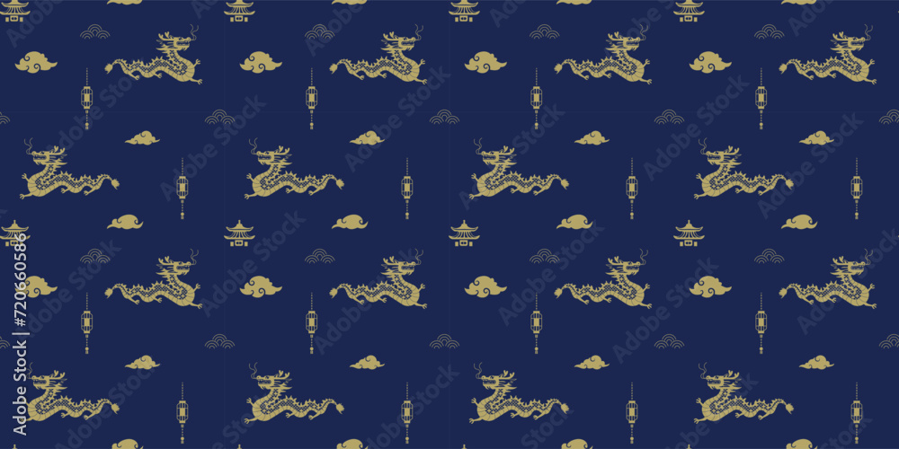Seamless Pattern with Symbol of the Lunar New Year 2024 in geometric style on a dark blue background. Design for background, banners and posters. Vector Illustration Seamless Pattern with Symbol of the Lunar New Year 2024 in geometric style on a dark blue background. Design for background, banners and posters. Vector Illustration