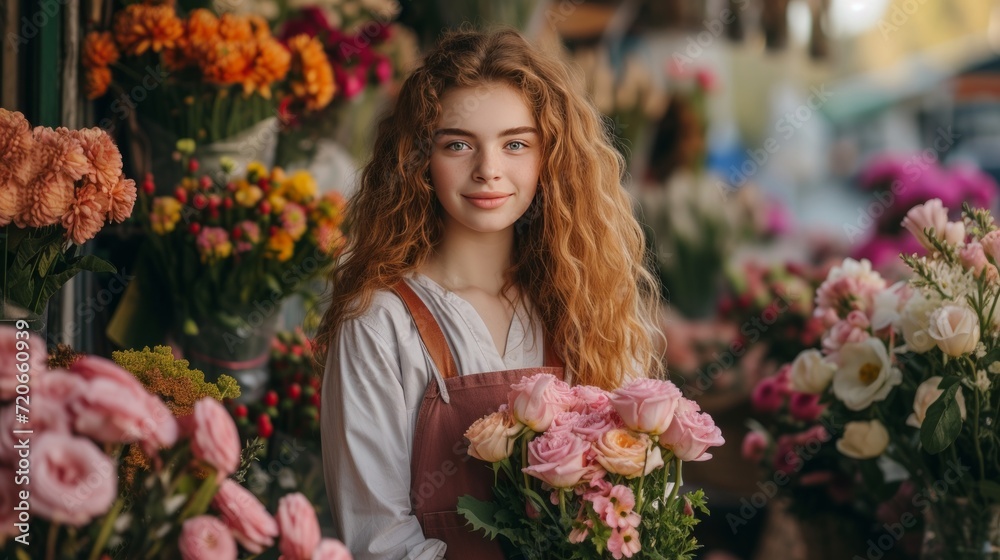 Curly girl florist collects a beautiful bouquet for the bride in a flower shop on a French street