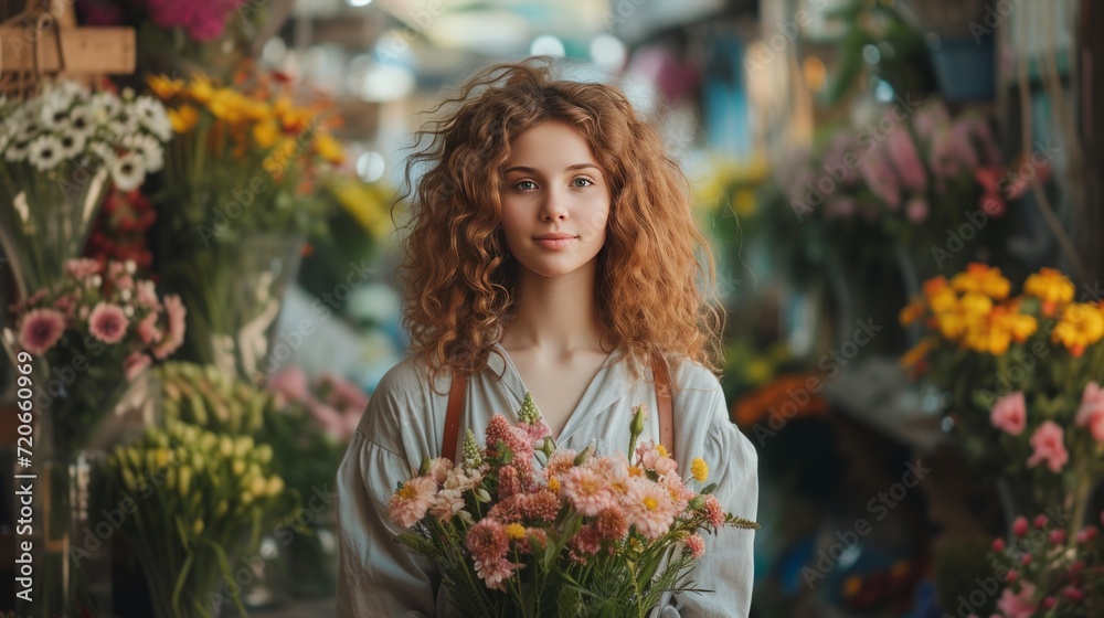 Curly girl florist collects a beautiful bouquet for the bride in a flower shop on a French street