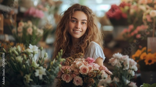 Curly girl florist collects a beautiful bouquet for the bride in a flower shop on a French street