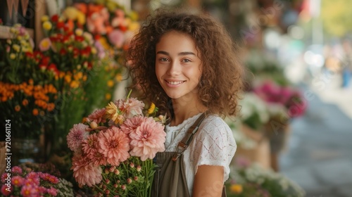 Curly girl florist collects a beautiful bouquet for the bride in a flower shop on a French street © ArtCookStudio
