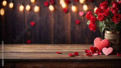 romantic valentines day background. Bouquet of red roses on a wooden background. premium valentines day background with copy space 