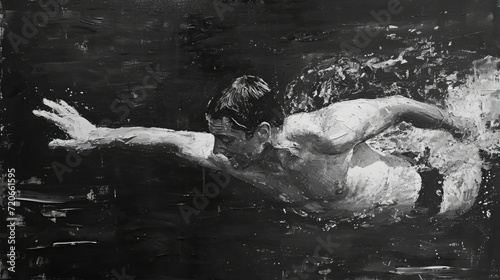 A black and white portrait of a young muscular man swimming in a pool