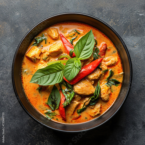 Thai cuisine. Bowl of tasty spicy red curry on dark table. Vegetables, spices, rice, tofu.