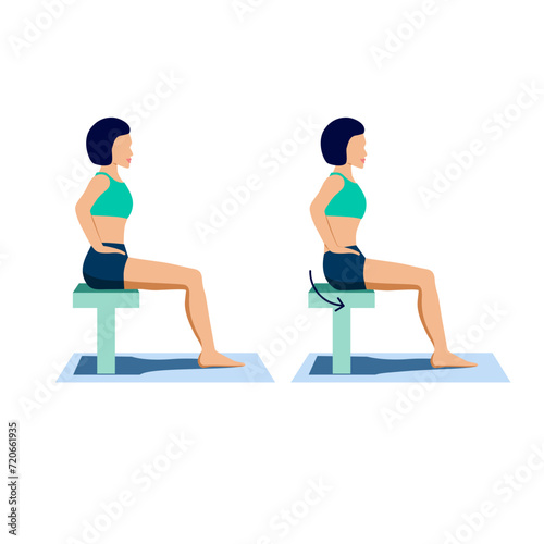 Pelvic rotation exercise for reduce lumbar lordosis and anterior pelvic tilt. Lower back problem workout. Woman training educational scheme for physiotherapist, brochure. Vector illustration.