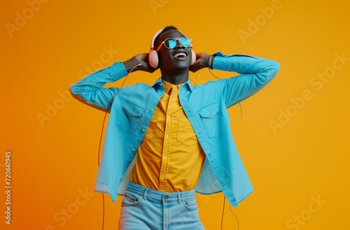 singer african american male singer dance with headphones on the music listen