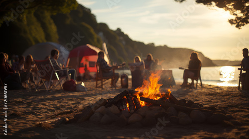 Friends enjoy beach campfire at sunset.
