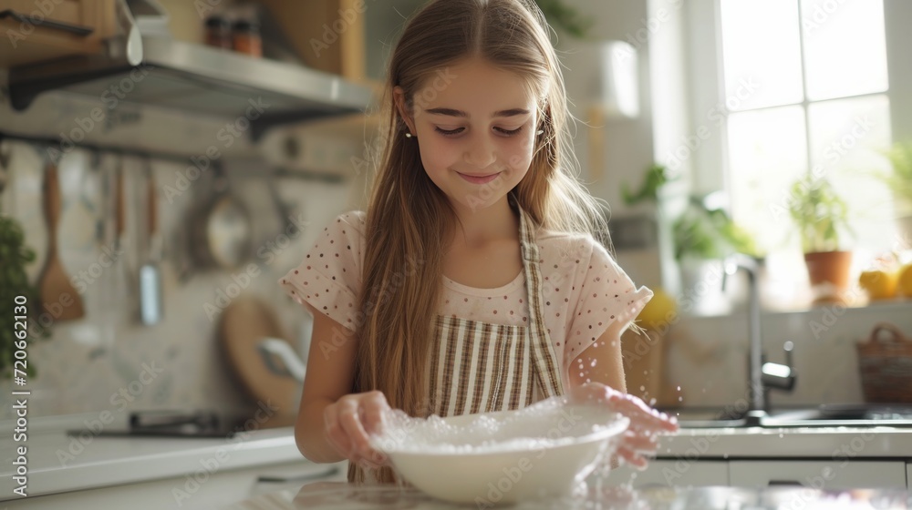Girl 12 years old washes dishes in a bright modern kitchen Girl 12 years old washes dishes in a bright modern kitchen