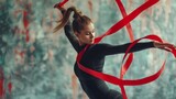 Girl gymnast in a black suit dances with a red ribbon