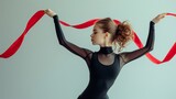 Girl gymnast in a black suit dances with a red ribbon