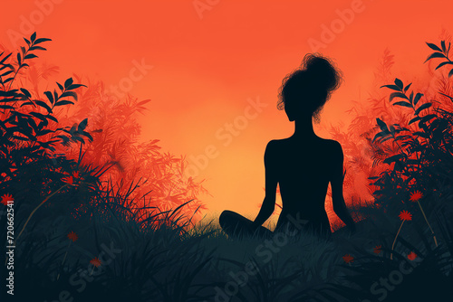 Silhouette of a woman sitting at sunset, yoga and relaxation