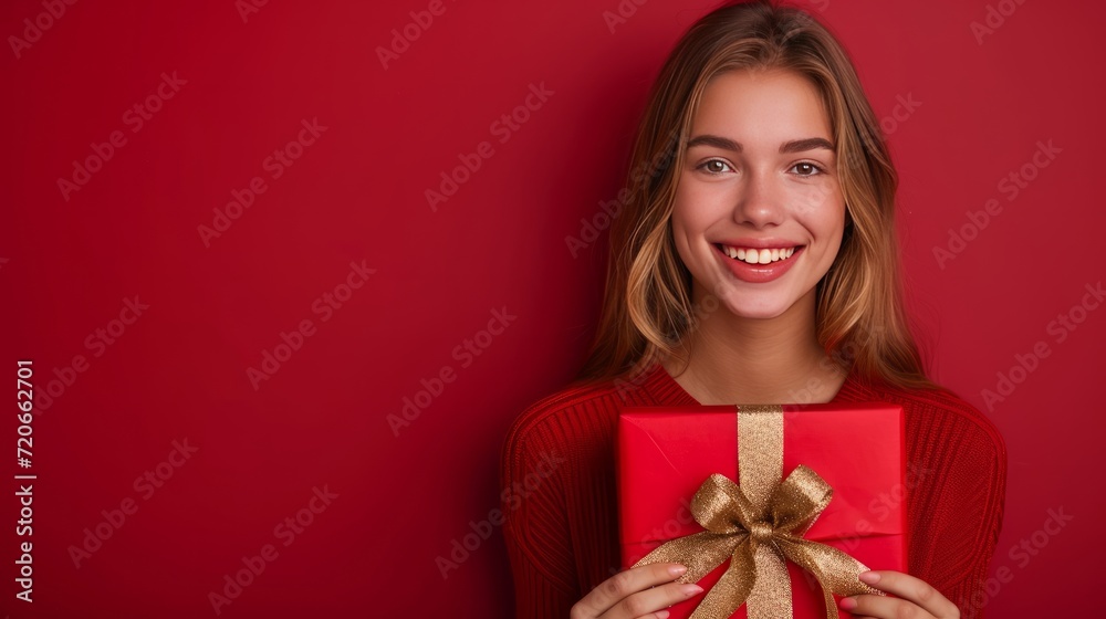 Happy young beautiful girl holding a big red gift box with a golden bow on a minimalistic bright background Happy young beautiful girl holding a big red gift box with a golden bow on a minimalistic bright background