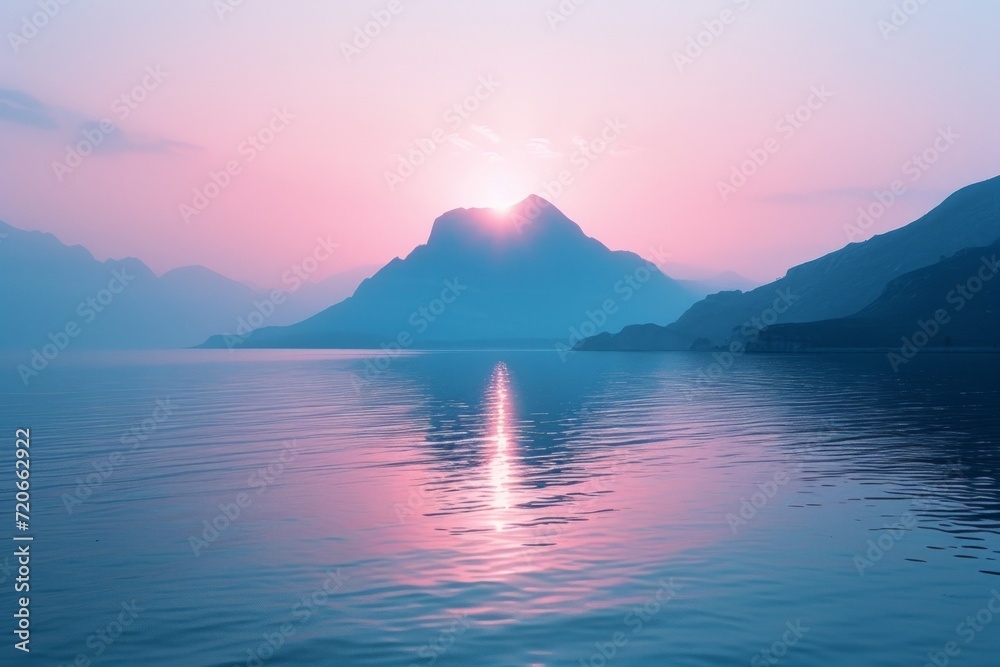 image of a mountain in the water at sunset