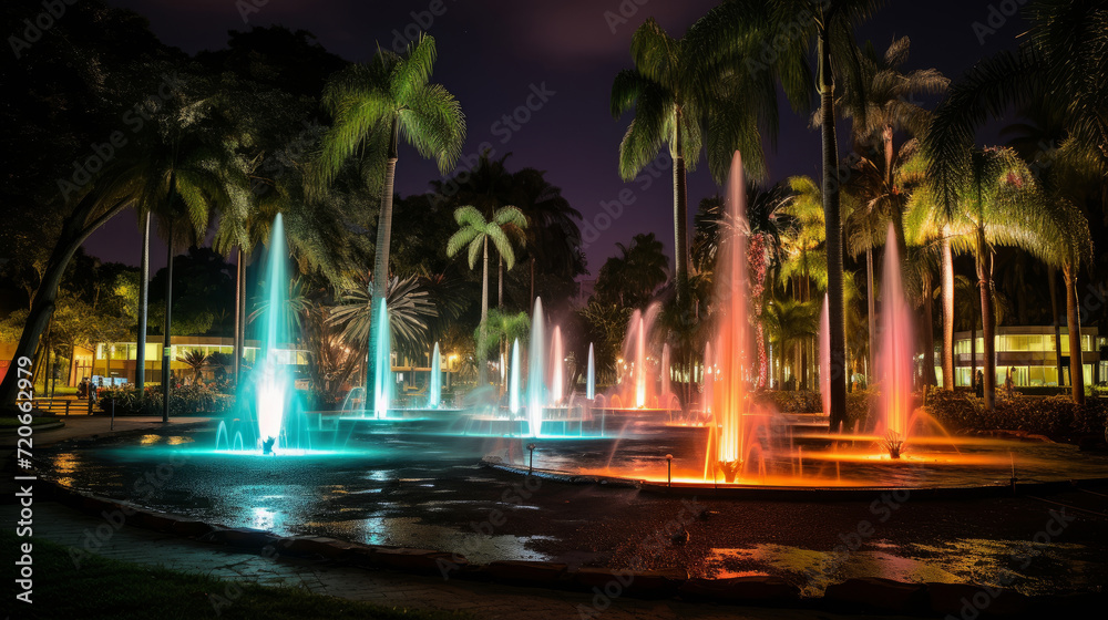 Colorful illuminated fountains amid tropical palms at dusk