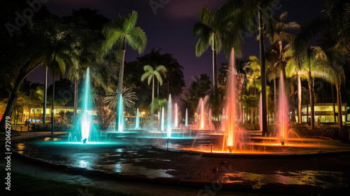 Colorful illuminated fountains amid tropical palms at dusk
