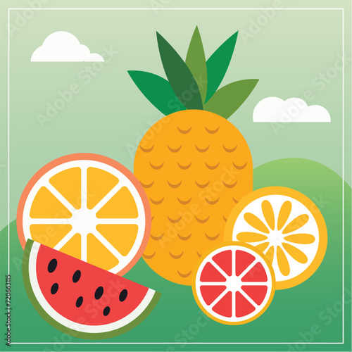Abstract package of split and whole fruits – pineapple, orange, kiwi, watermelon, and lemon – with saturated green and yellow colors, set against a background of clouds and mountains. Minimal vector 