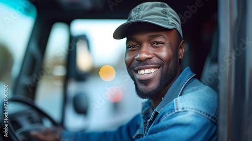 Joyful African American Driver Exiting Truck and Facing Camera