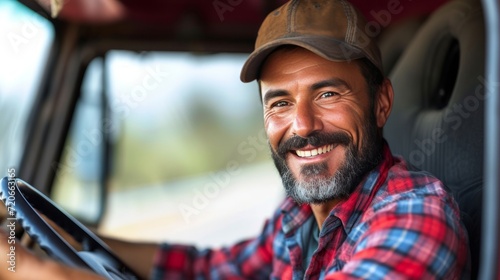 Joyful Spanish Driver Exiting Truck and Facing Camera © ArtCookStudio