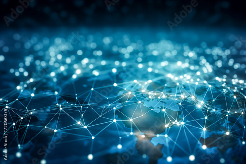 Blue digital business networks illustration blending technology connection, featuring a mesmerizing abstract blue background 
