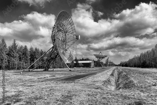 The Westerbork Synthesis Radio Telescope is seen in perspective in monochrome on a sunny day in April photo