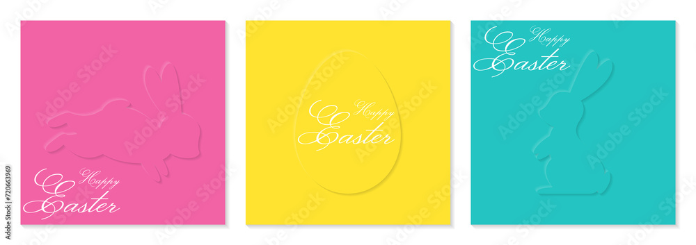 Happy Easter greeting cards set. Design poster, banner with bunny and egg silhouettes. Vector illustration