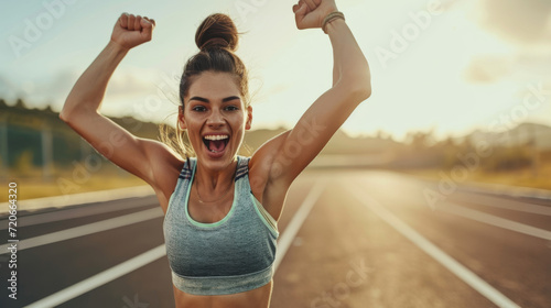 joyous woman with her arms raised in victory is celebrating on a track field with a sunset in the background © MP Studio