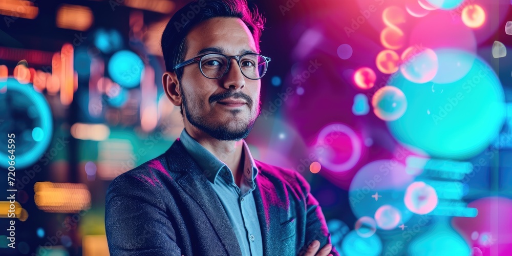 E-commerce person with a colorful backdrop of digital marketing and AI graphics E-commerce person with a colorful backdrop of digital marketing and AI graphics