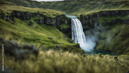 Scenic view of a hiker contemplating waterfall during vacation in iceland. Travel and adventure concept
