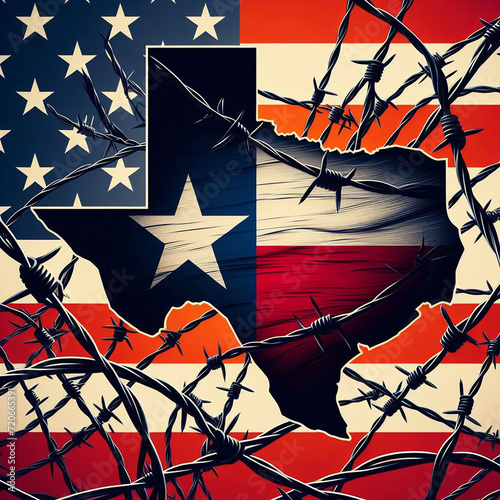 State of Texas with razor wire on american flag background. Border crisis concept.