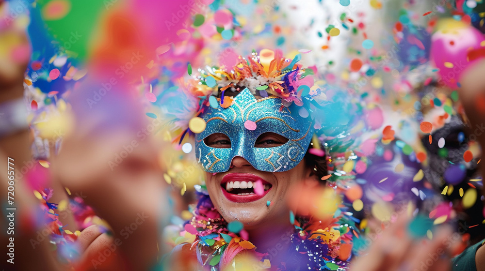 Carnival revelers wearing masks in a sea of confetti, forming a lively and energetic composition perfect for a dynamic message