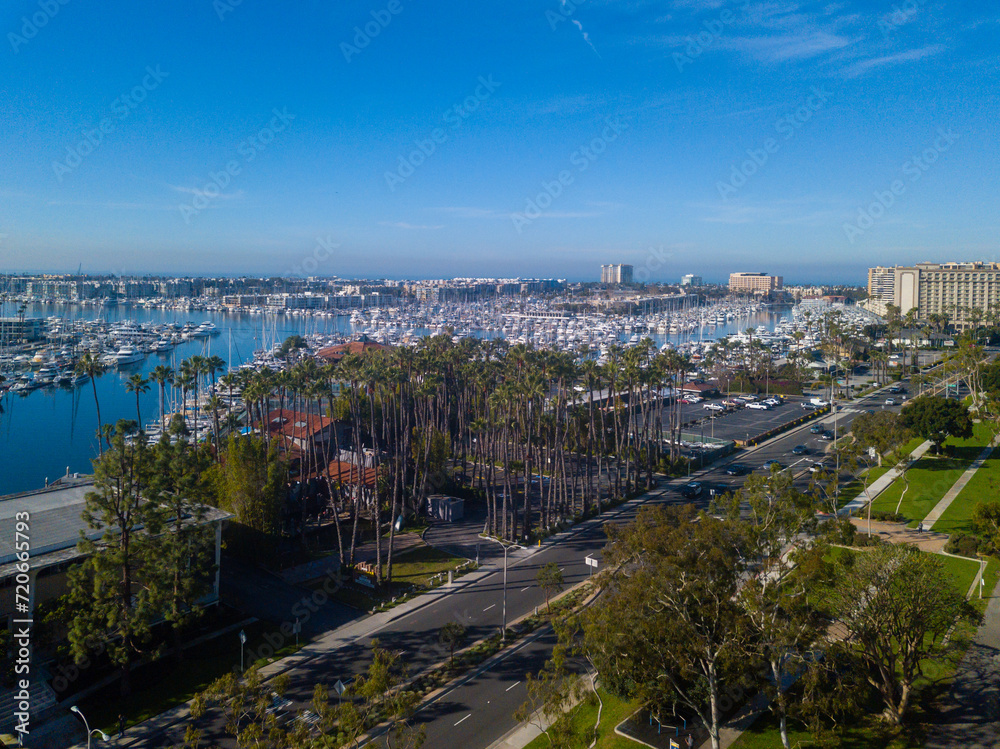 Aerial views above Yvonne B. Burke Park and the Marvin Braude bike path in Marina Del Rey, California, overlooking the marina, high rise apartment buildings, and palm trees.