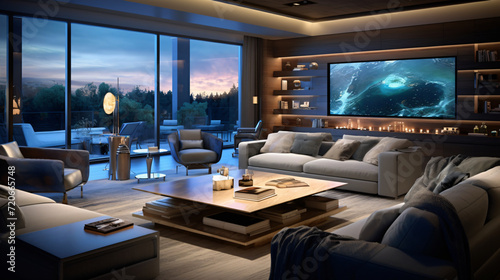 Futuristic contemporary living room, tech, technology design, interior, room, furniture, home, tv, living, design, sofa, table, office, apartment, television, house, luxury, wall, 3d, window, chair