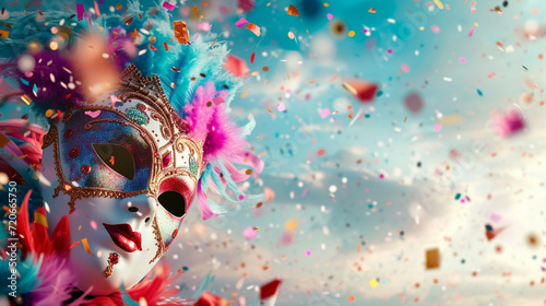 Vibrant carnival masks against a backdrop of confetti-filled skies, creating a whimsical and dynamic composition with space for text