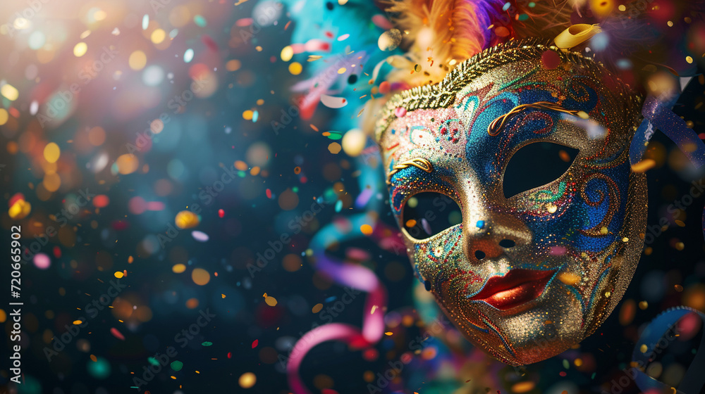 Carnival masks and confetti creating a symphony of colors and patterns, presenting a dynamic and dramatic visual story with space for text - obrazy, fototapety, plakaty 
