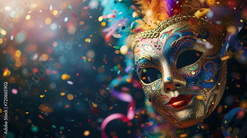 Carnival masks and confetti creating a symphony of colors and patterns, presenting a dynamic and dramatic visual story with space for text
