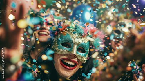 Masked performers surrounded by confetti, capturing the essence of celebration in a dynamic composition with ample space for text