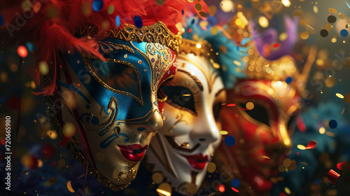 Carnival masks arranged in a dynamic pattern with confetti cascading around them, providing a visually impactful and dramatic setting for text © Лариса Лазебная