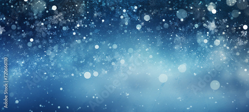 Winter time! Horizontal banner, white snowflakes on blue background, bokeh, confetti, glitter