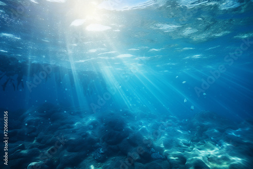 underwater scene with rays of light and sun, generative ai
