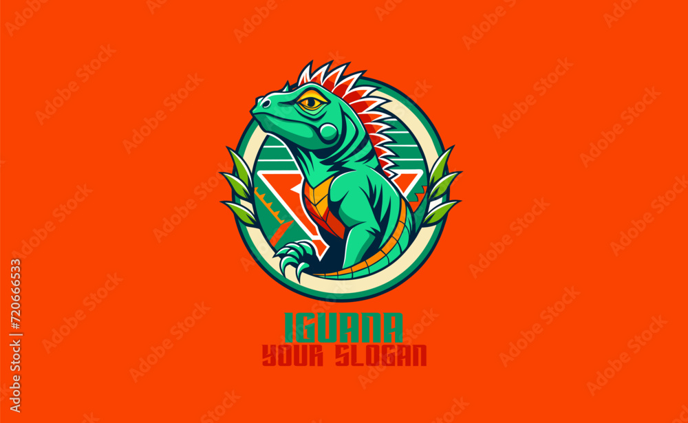 Vintage Iguana Logo: Hand-Drawn Illustration with Green Leaves - Retro Lizard Physician Emblem, Vector Graphic of Colorful Herbivorous Reptile for Vintage Logo Design